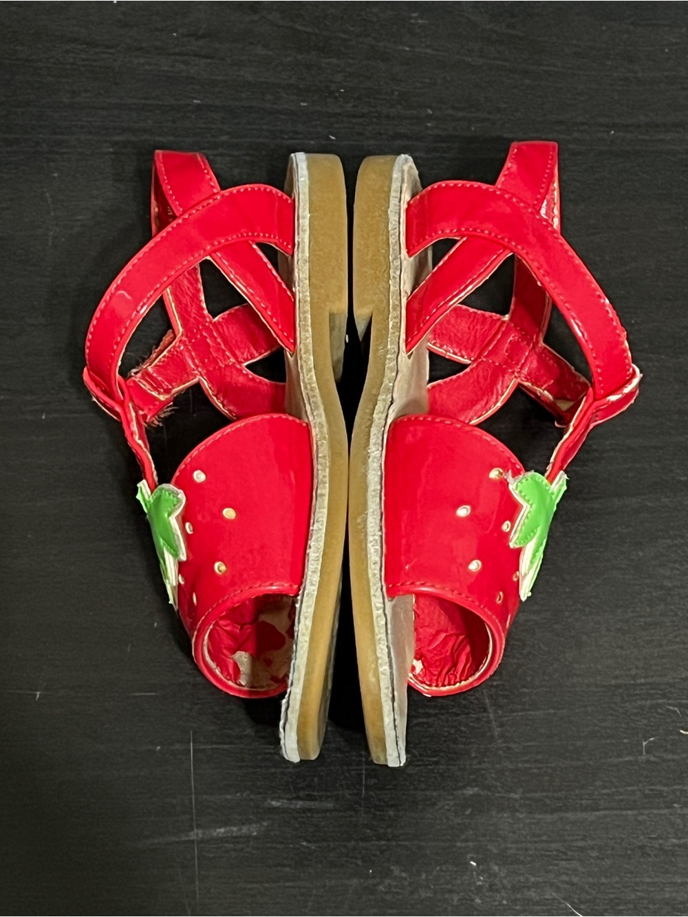 ✨2/$15✨ Gymboree Red Strawberry T-Strap Sandals with Green Leaf Accent - Picture 3 of 6